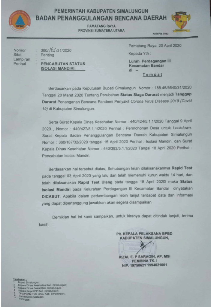 Surat perubahan status isolasi mandiri di satu daerah di Simalungun (Dok.IDN Times/Istimewa)
