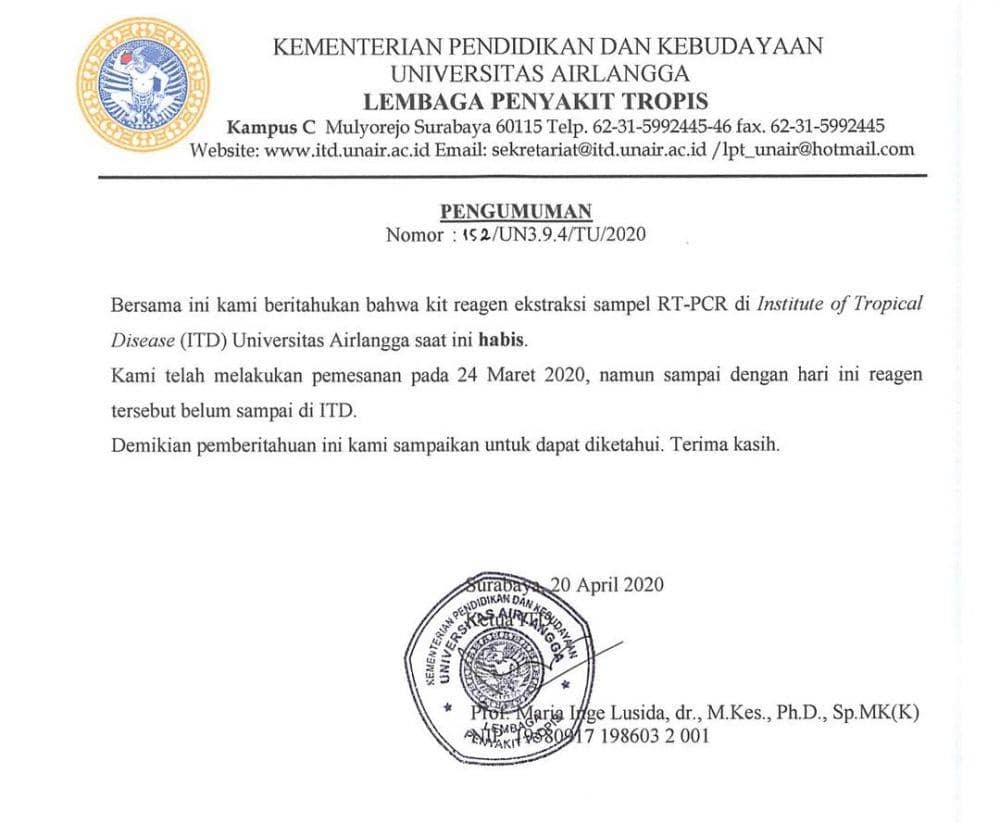 Pengumuman ITD Unair soal stok reagen yang habis. IDN Times/Dok. Istimewa