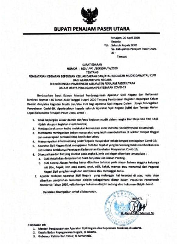 Surat Edaran Bupati PPU (Dok. Pemkab PPU)