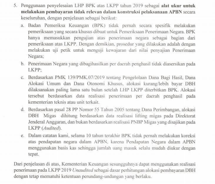 Isi surat BPK ke Menteri Keuangan soal Dana Bagi Hasil (DBH) | Doc. BPK