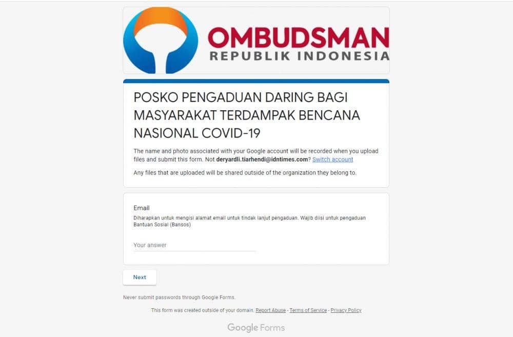 Laporan pengaduan bantuan COVID-19 dari Ombdusman. (IDN Times/ Ombudsman RI)