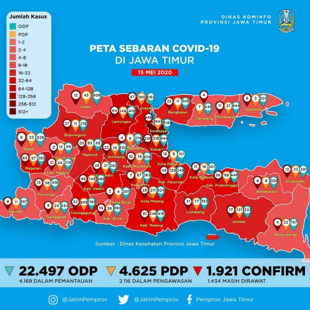 Peta persebaran COVID-19 di Jatim per Jumat (15/5). Dok. Pemprov Jatim
