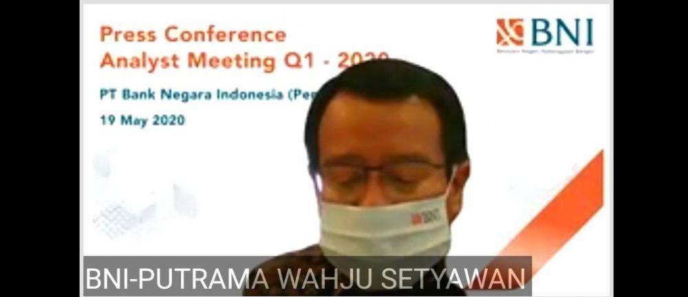 Putrama Wahju Setyawan, Direktur Tresuri dan International BNI menyampaikan paparan kinerja kuartal I (Tangkap Layar BNI)