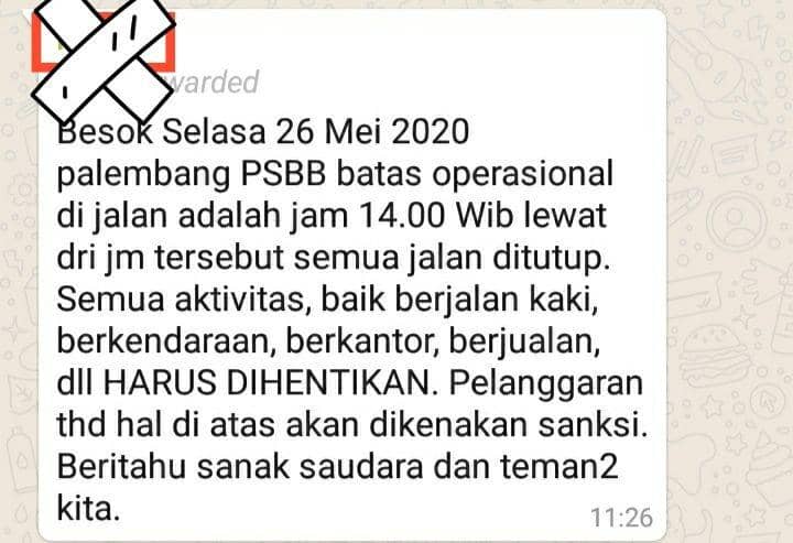 Beredar Info PSBB Palembang Tutup Jalan Jam 2 Siang, Ini Faktanya