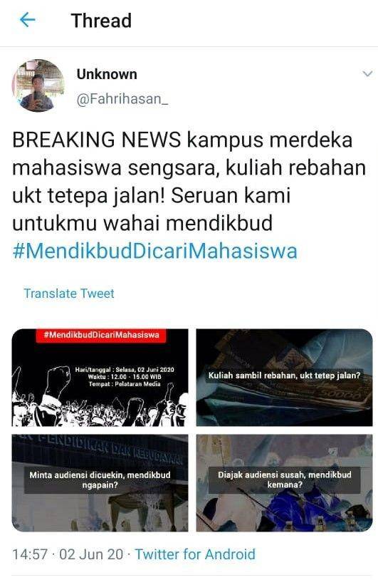 Tagar Mendikbuddicarimahasiswa (Dok. BEM SI)