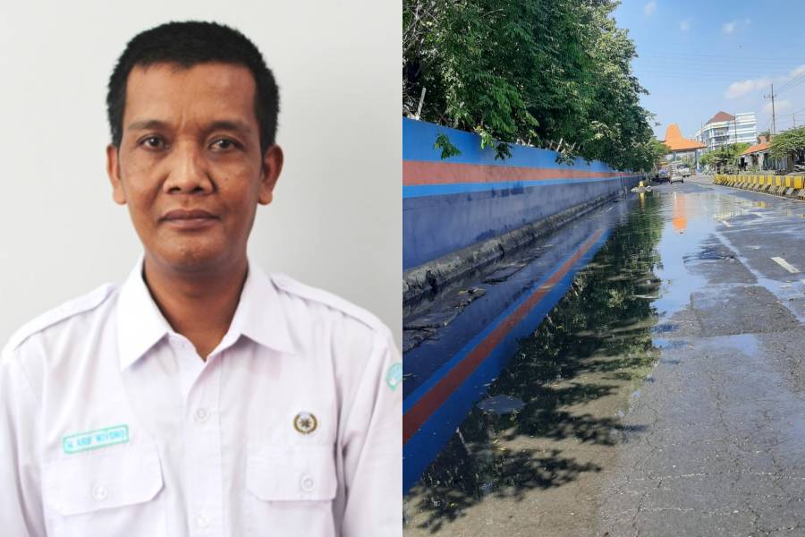 Arif Wiyono dan tampak genangan banjir rob di Tanjung Perak Surabaya. Dok. Istimewa/BMKG Tanjung Perak Surabaya