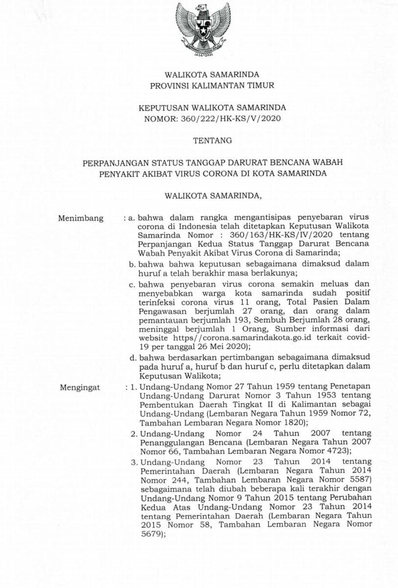 SK Wali Kota Samarinda yang mengatakan perpanjangan masa pandemik COVID-19 berlaku hingga akhir Juli mendatang (IDN times/Istimewa)