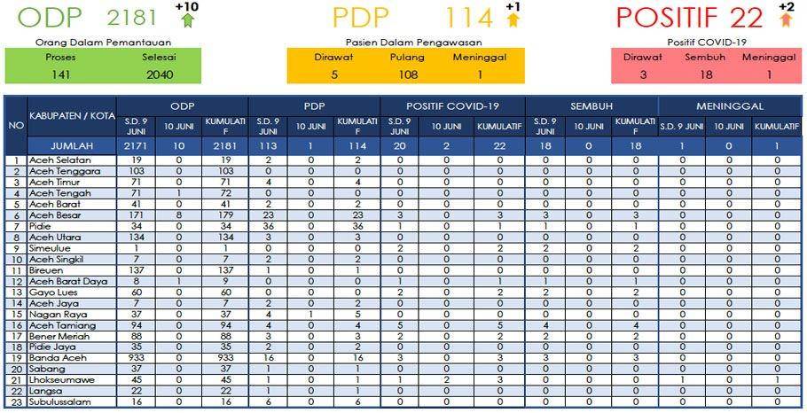 Data kasus COVID-19 di Provinsi Aceh hingga Rabu (10/6) (Dok. Dinas Kesehatan Provinsi Aceh)