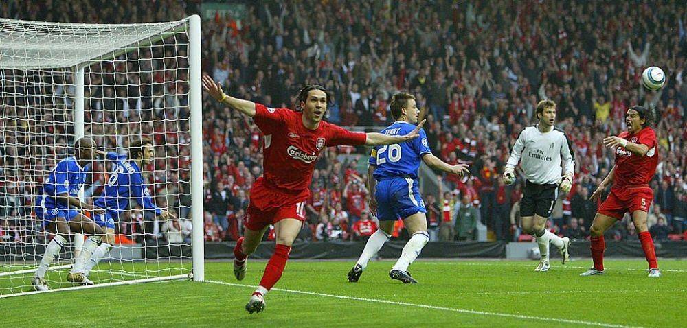 Luis Garcia merayakan gol ke gawang Chelsea pada semifinal Liga Champions 2004/2005. Twitter/@Squawka