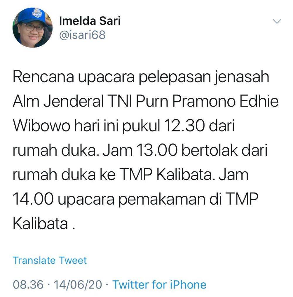 Almarhum Edhie Wibowo akan dimakamkan di Taman Makam Pahlawan Kalibata (Dok.Twitter Wasekjen Partai Demokrat Imelda Sari @isari68)