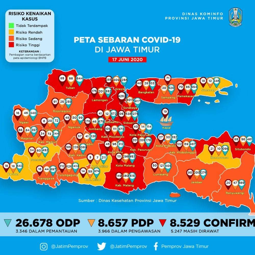 Peta sebaran COVID-19 di Jatim, Rabu (17/6). Dok Diskominfo Jatim