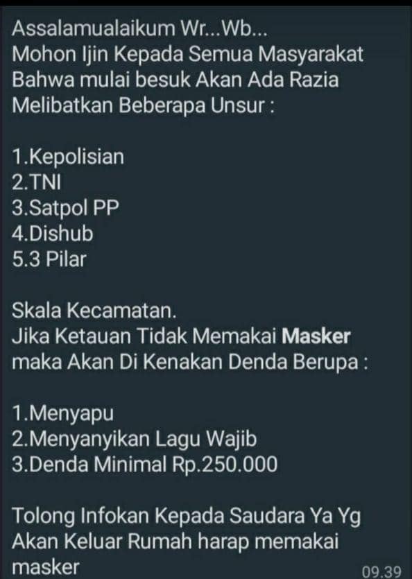 Informasi hoax dimedia sosial terkait denda bagi warga yang terjaring razia masker. IDN Times/Istimewa
