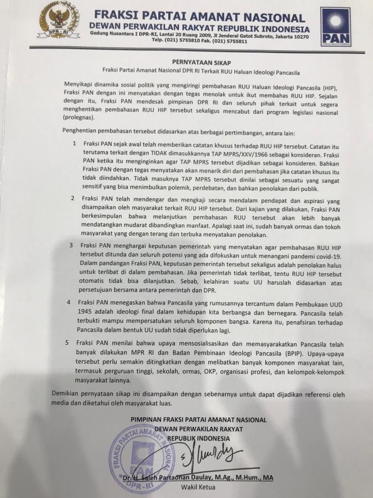 Pernyataan resmi PAN soal RUU HIP (Dok. Istimewa)