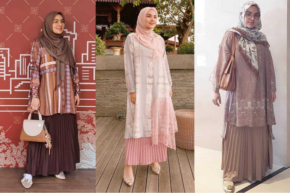 10 Ide Mix and Match Outfit Hijab Pakai Rok Plisket ala Ria Miranda