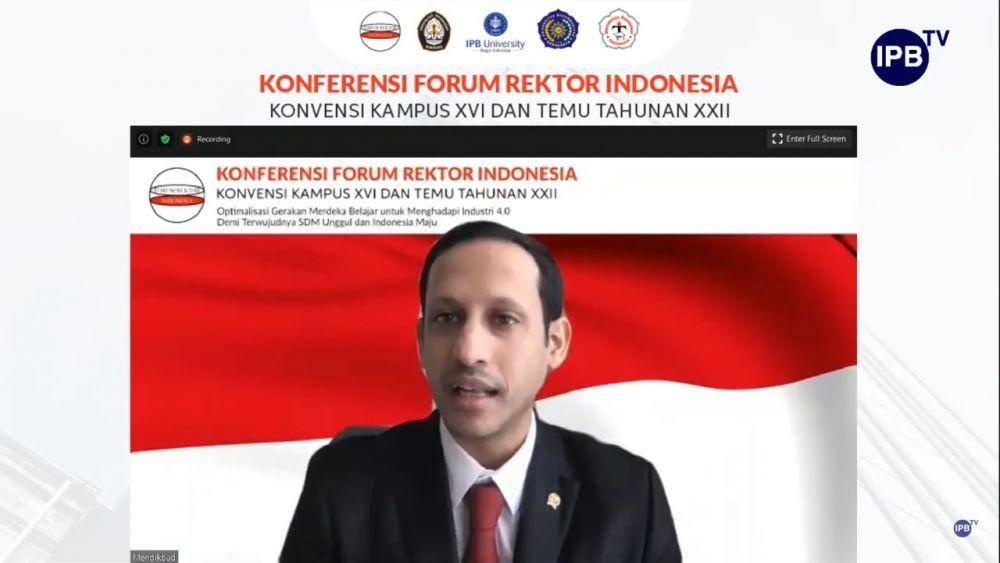 Menteri Pendidikan dan Kebudayaan (Mendikbud), Nadiem Anwar Makarim dalam Konferensi Forum Rektor Indonesia (Dok. IDN Times/Tangkap Layar IPB TV)