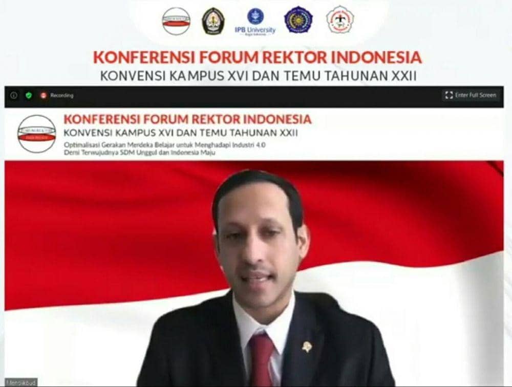 Menteri Pendidikan dan Kebudayaan (Mendikbud), Nadiem Anwar Makarim dalam Konferensi Forum Rektor Indonesia (Dok. IDN Times/Humas Kemendikbud)