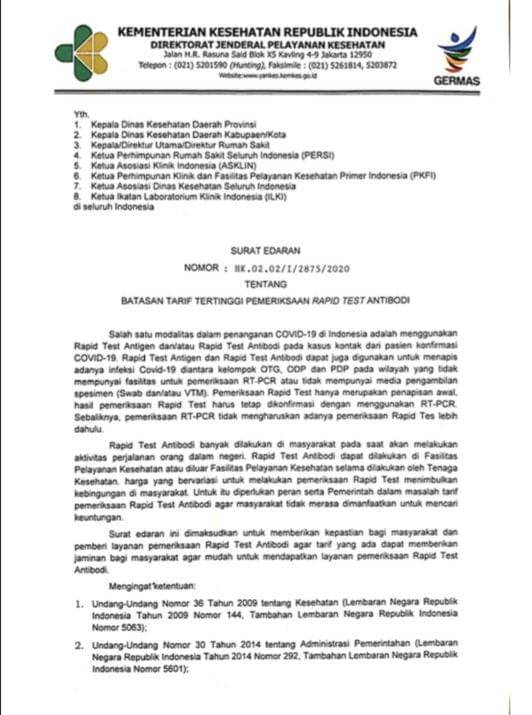 (Surat edaran Kemenkes pengaturan biaya rapid test) Istimewa