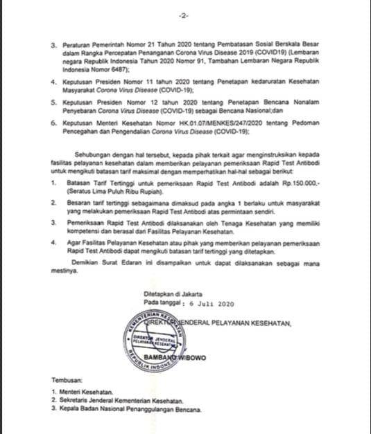(Surat edaran Kemenkes mengenai biaya rapid test halaman 2) Istimewa