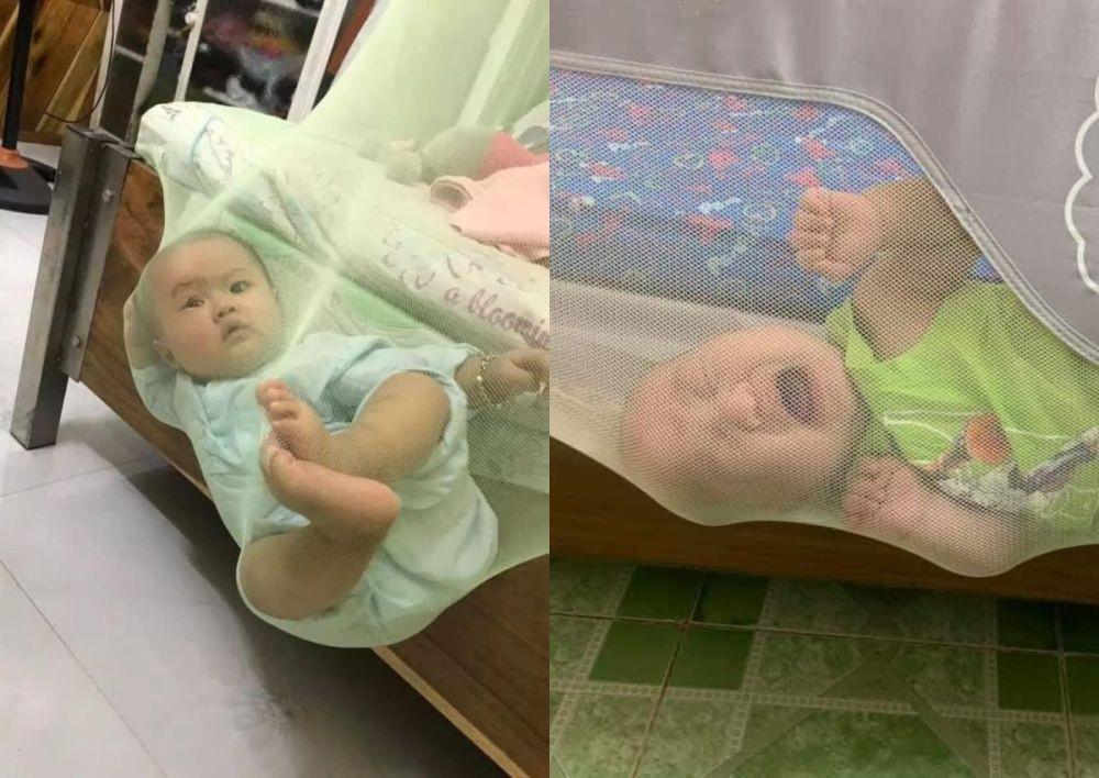 10 Foto Gemas Bayi saat Tersangkut Kelambu, Untung Gak Jatuh!