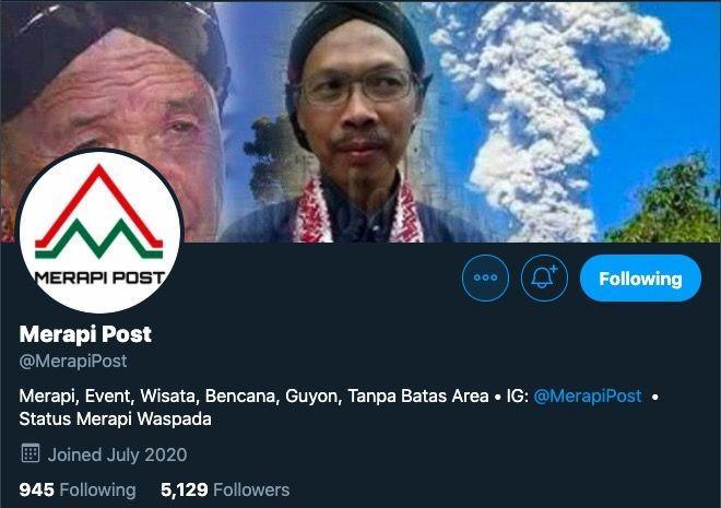 Akun baru yang dikelola Totok, Merapi Post. Tangkapan layar Twitter.com