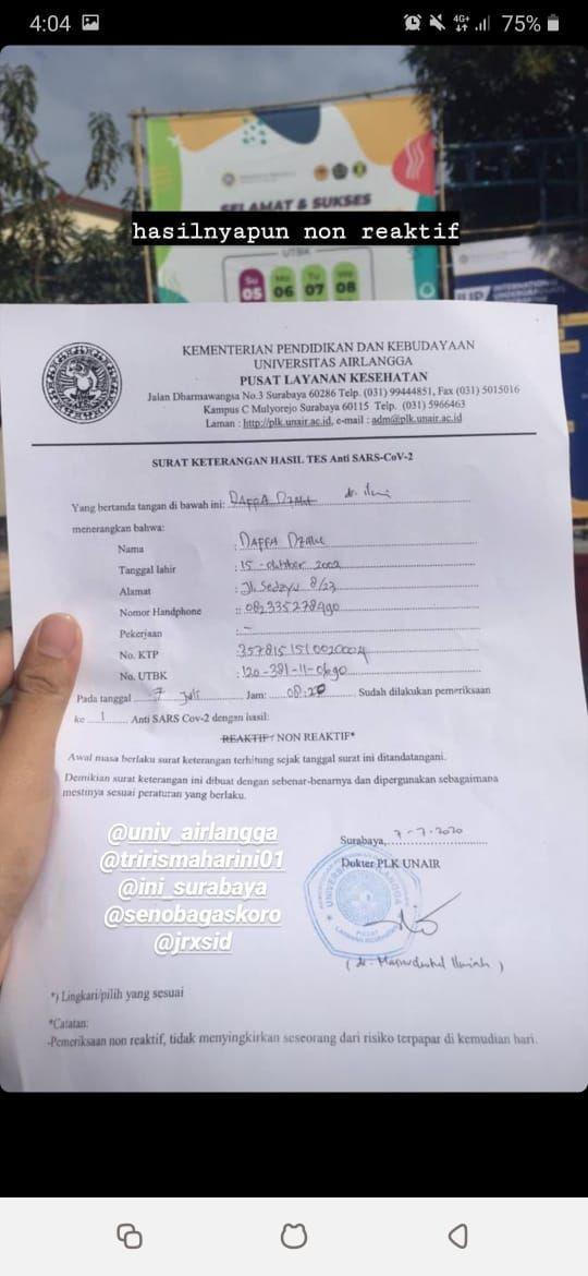 Hasil rapid test pertama milik Daffa yang menunjukkan nonreaktif. Instagram.com/daffadzdz