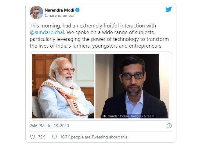 Perdana Menteri India Narendra Modi berbincang dengan CEO Google Sundar Pichai membahas proyek kolaborasi teknologi digital di India. (DW)