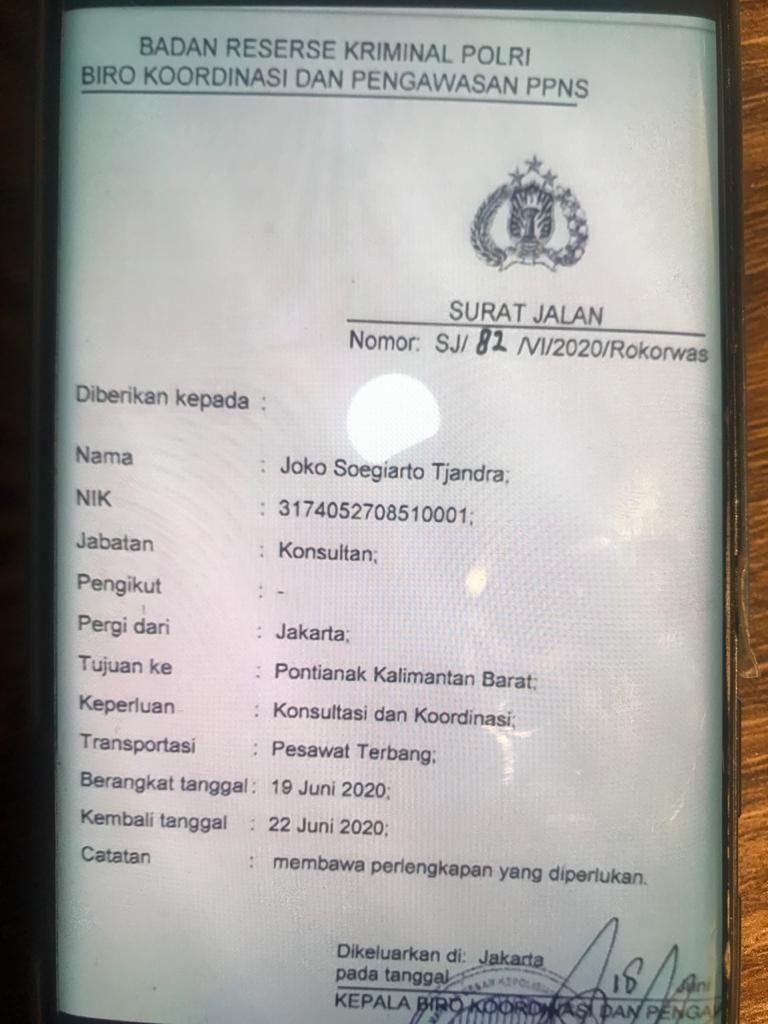 Surat jalan Djoko Tjandra dari Bareskrim Polri (Dok. Indonesia Police Watch (IPW))
