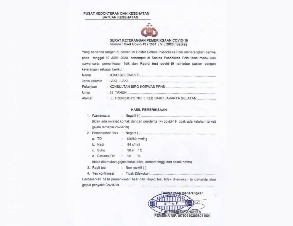 Surat keterangan pemeriksaan COVID-19 Djoko Tjandra (Dok. IDN Times/Istimewa)