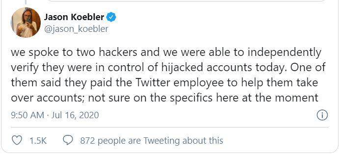 Editor in Chief Motherboard Jason Koebler dalam cuitannya menyebut bahwa peretas telah membayar karyawan Twitter untuk mendapat akses internal. (The Verge)