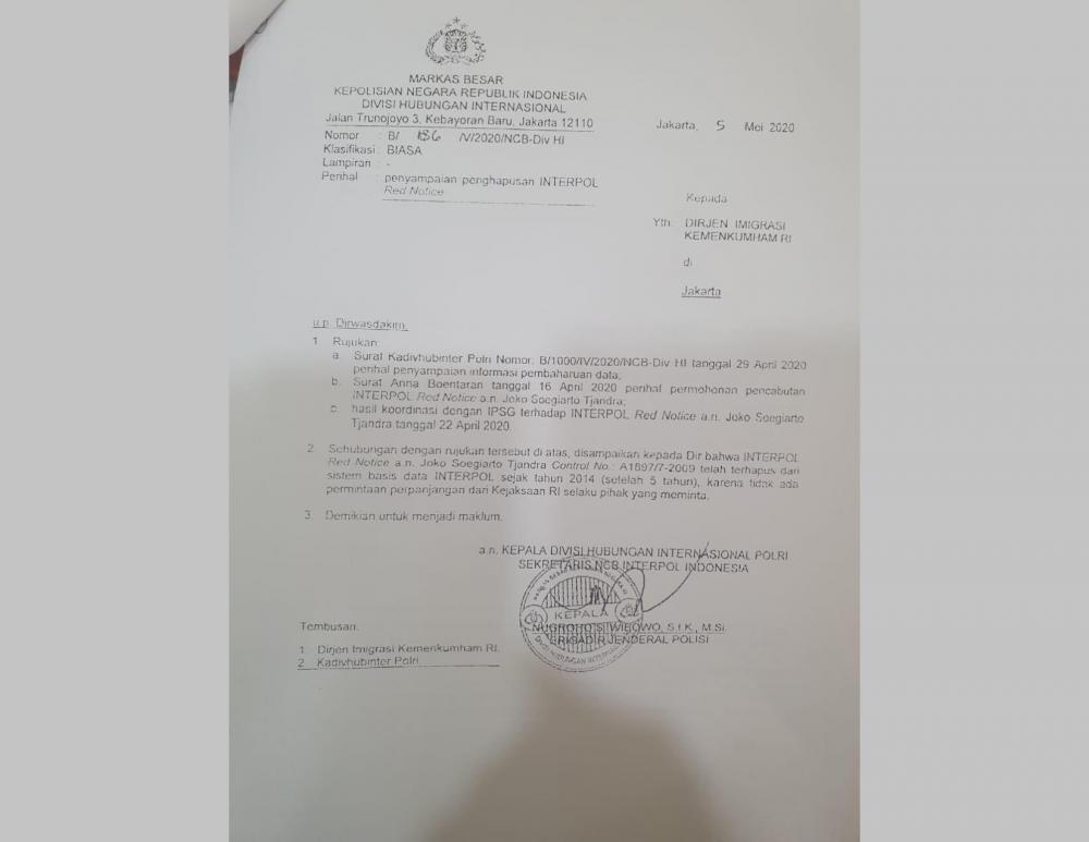 Surat Pencabutan Red Notice Djoko Tjandra (Dok. IDN Times/Istimewa)