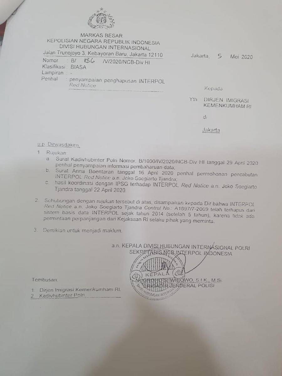 Surat penyampaian Djoko Tjandra yang dihapus dari red notice Interpol (Dok. Istimewa)