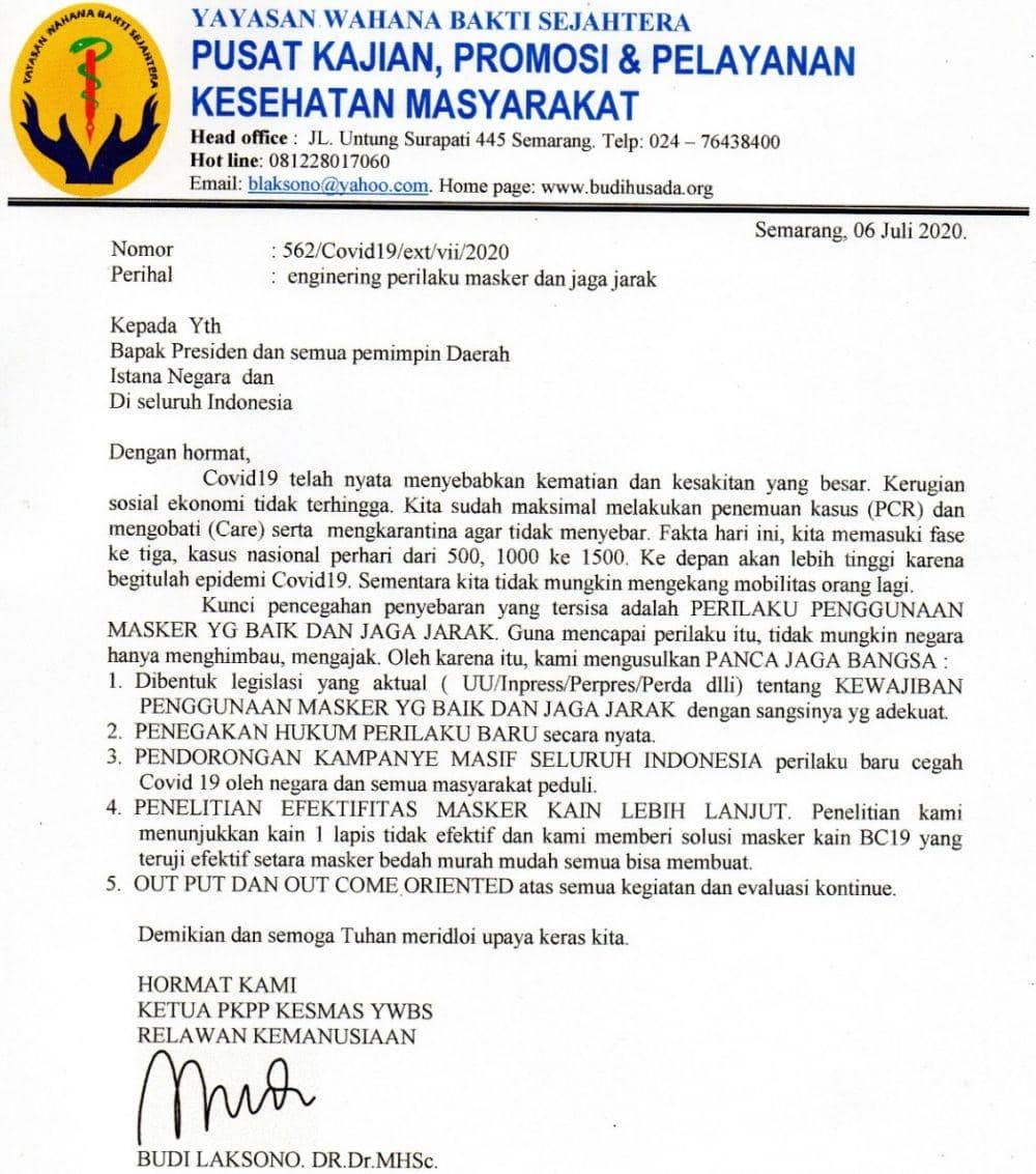 Surat usulan legislasi protokol kesehatan COVID-19 yang dikirim Epidemiolog Undip, Dr dokter Budi Laksono ke Presiden RI. Dok. Dr Budi Laksono