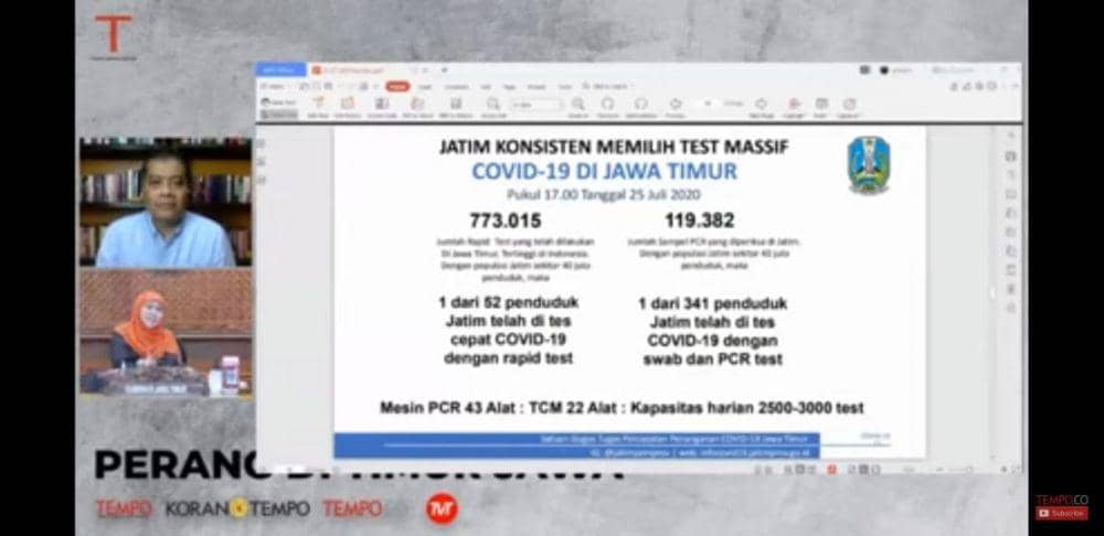 Gubernur Jatim khofifah Indar Parwansa memaparkan data terkini COVID-19. Screenshoot YouTube/tempodotco