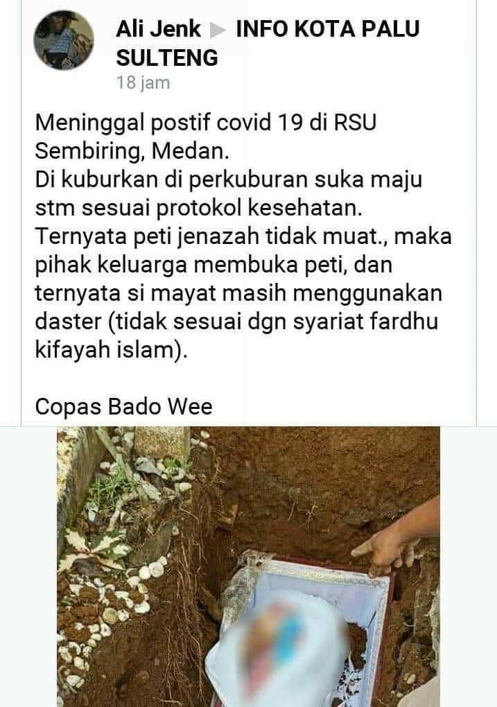 Jenazah terduga COVID-19 dikuburkan hanya memakai daster (Facebook.com/Ali Jenk)