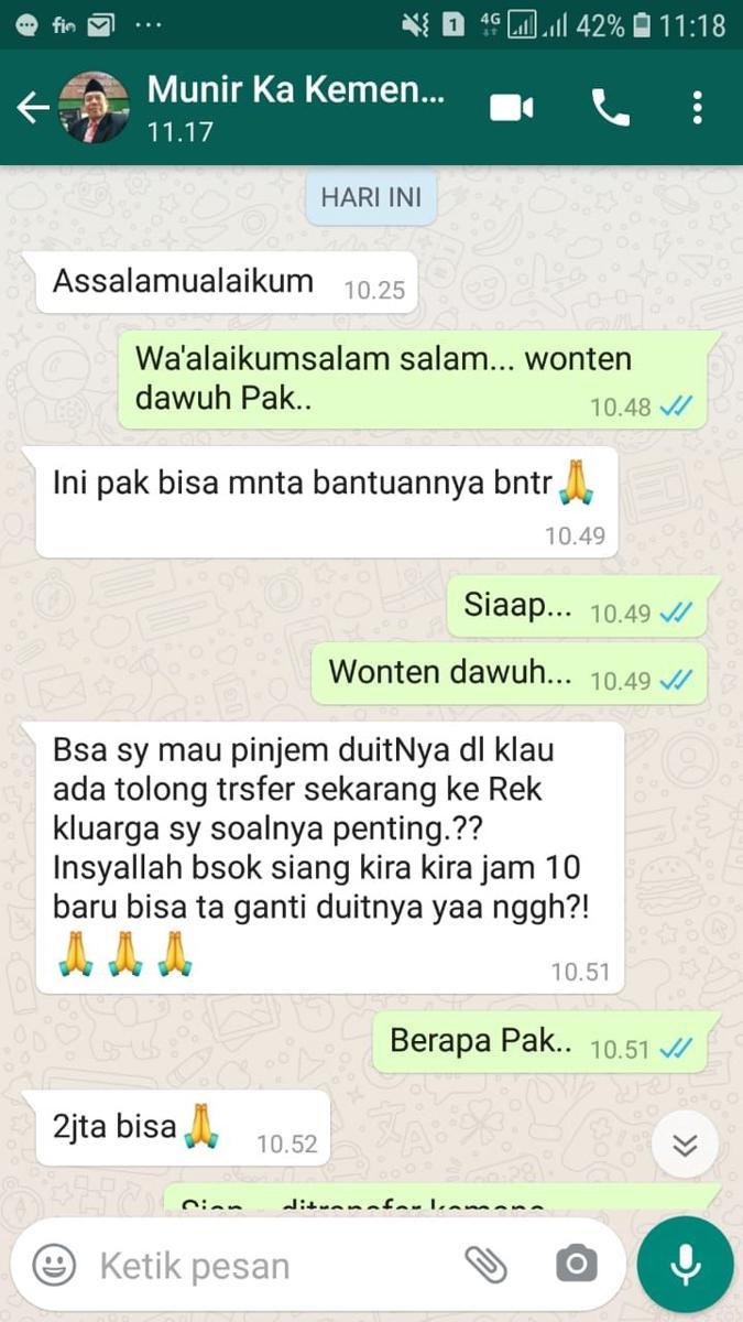 WhatsApp Kepala Kemenag Kota Madiun Dibajak, Minta Ditransfer Uang