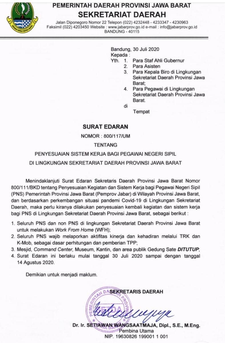 [BREAKING] Beredar Surat Gedung Sate Lock Down kerena Ada ASN Positif COVID-19