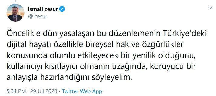 Cuitan Ismail Cesur selaku penasihat presiden yang mengatakan bahwa RUU ini bertujuan baik dan untuk melindungi masyarakat Turki. Twitter.com/icesur.