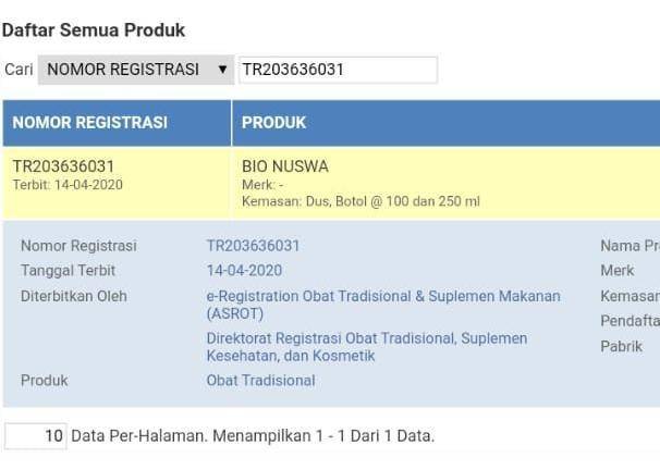 Obat herbal Bio Nuswa temuan Hadi Pranoto terdaftar di BPOM (Website/cekbpom.go.id)