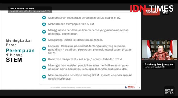 Talkshow 'Girls in Science: Even the Number' oleh ForMIND Institute dan Kemenristek BRIN. 8 Agustus 2020. IDN Times/Fajar Laksmita