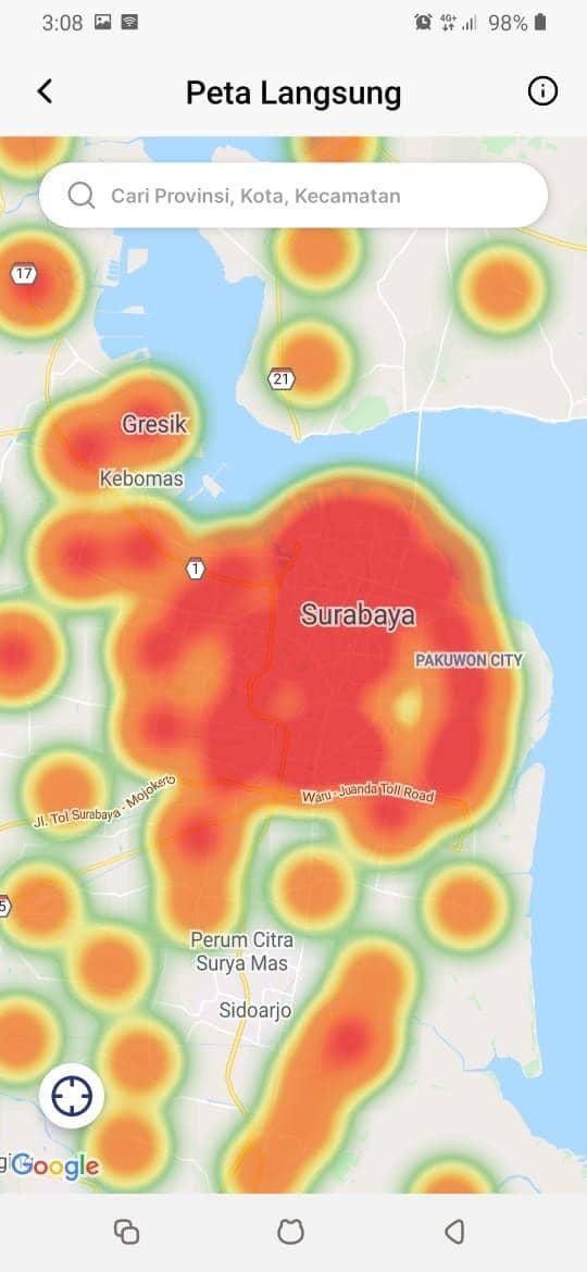 Penampakan Kota Surabaya kembali jadi zona merah. Tangkapan layar aplikasi Bersatu Lawan COVID-19