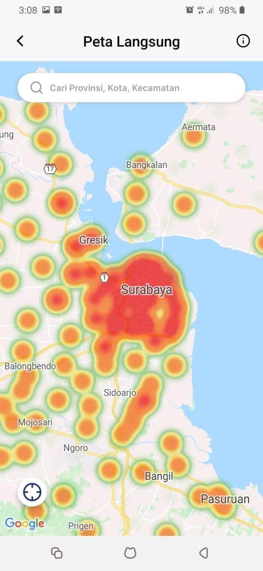 Penampakan Kota Surabaya kembali jadi zona merah. Tangkapan layar aplikasi Bersatu Lawan COVID-19