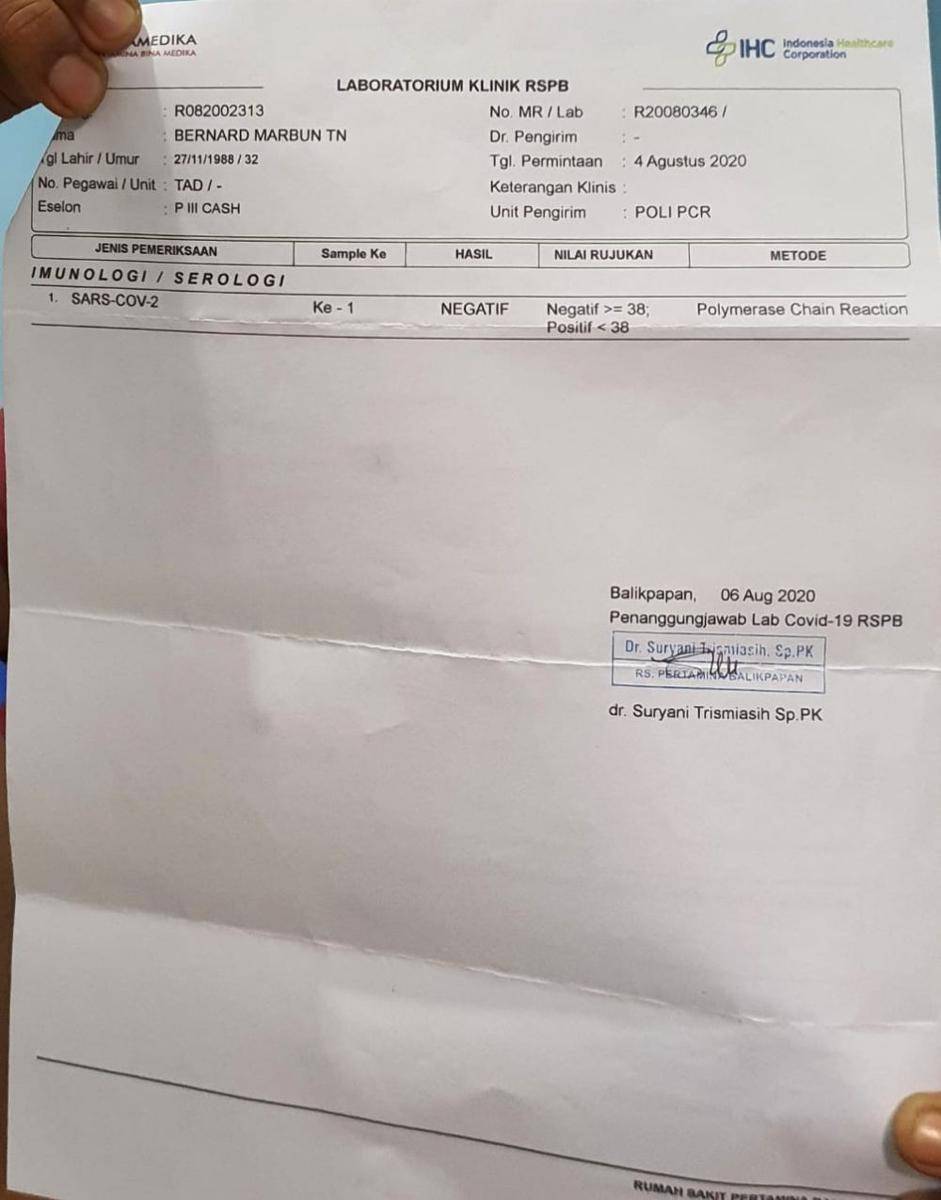 Hasil swab negatif Bernard yang didapat dari RS Pertamina Balikpapan pada 6 Agustus kemarin. (IDN Times/Istimewa)