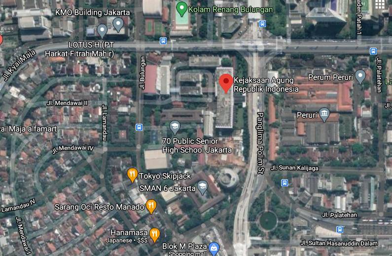 Gedung utama Kejagung [sisi utara] tampak dari atas. (Google Map Update 2020)