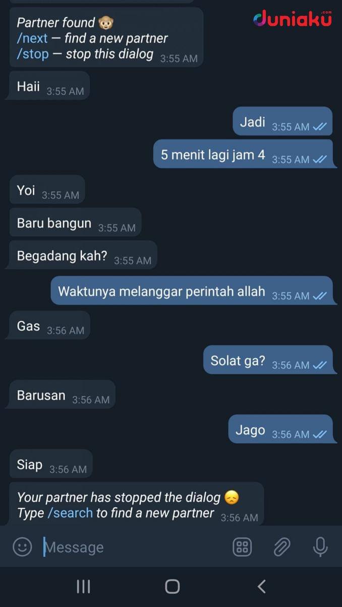 Tangkapan layar chat anonymous Telegram. duniaku.com/Adhitya Daniel
