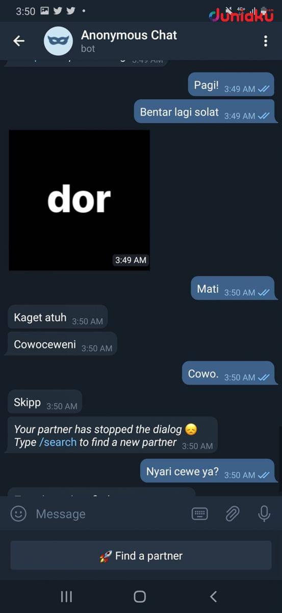 Tangkapan layar chat anonymous Telegram. duniaku.com/Adhitya Daniel