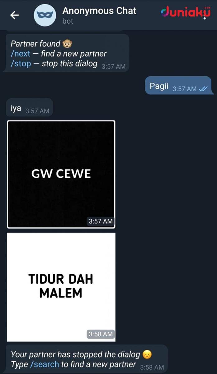 Tangkapan layar chat anonymous Telegram. duniaku.com/Adhitya Daniel