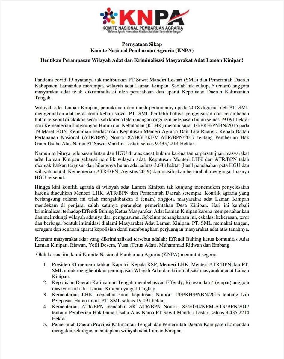 Pernyataan sikap Komita Nasional Pembaruan Agraria (Dok. KNPA)