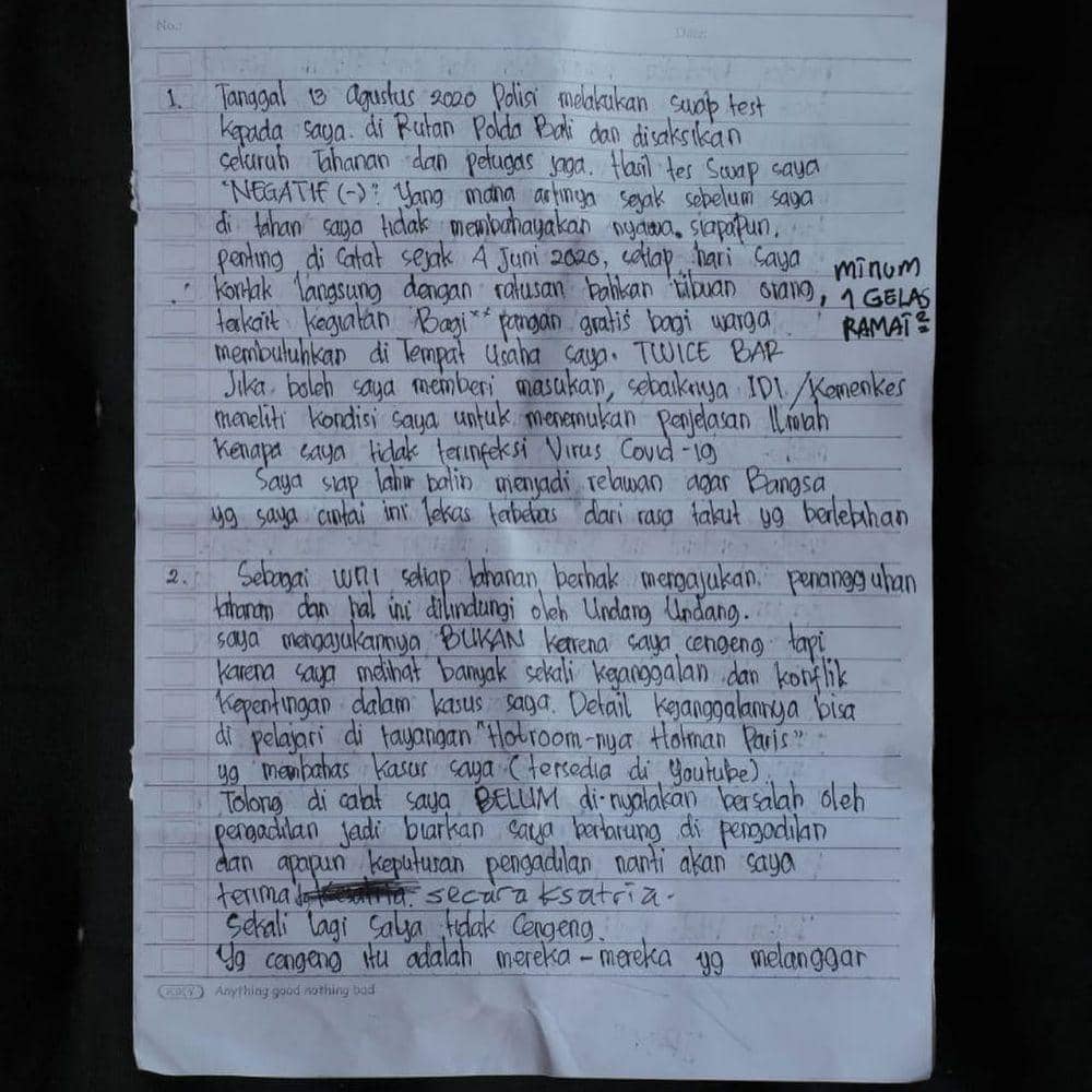 Isi surat yang ditulis tangan dan ditandangani sendiri oleh Jerinx. (Foto @anggaramahendra via Facebook.com/Ncdpapl)