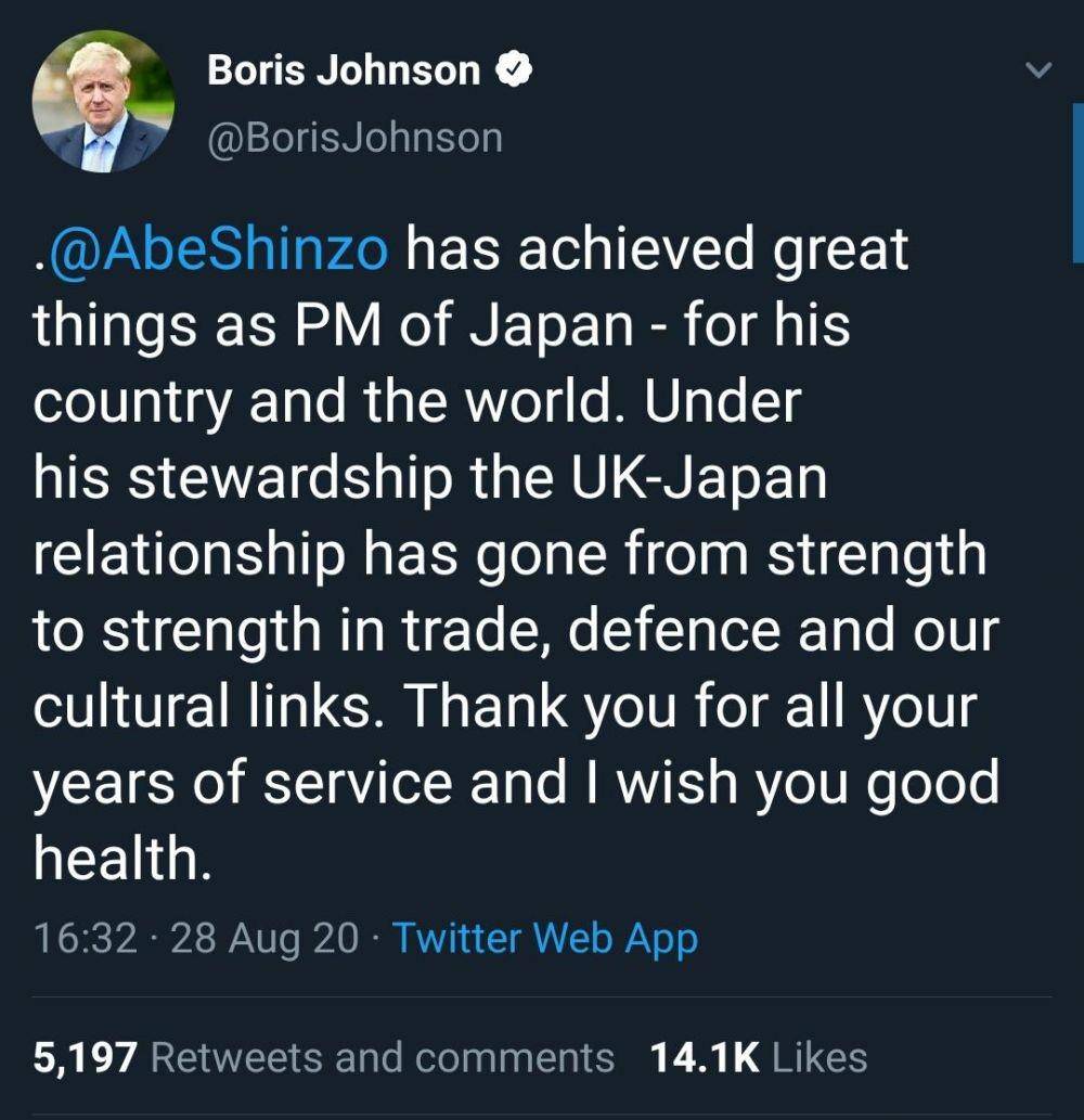Unggahan PM Inggiris, Boris Johnson untuk PM Jepang, Shinzo Abe (Twitter/BorisJohnson)