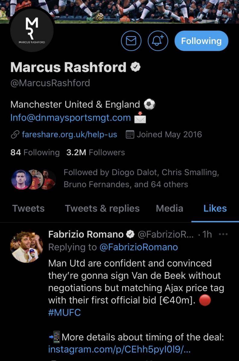 Marcus Rashford kedapatan nge-like twit tentang transfer Donny van de Beek. Twitter/@utdreport